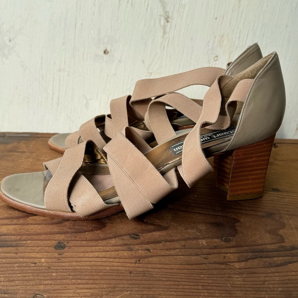 Stuart Weitzman // Tan Elastic Strappy Stacked He… - image 4